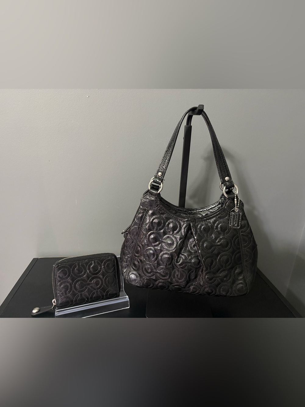 COACH Optic Signature C Glossy Black Hobo Bag & Matching Zip Wallet Set